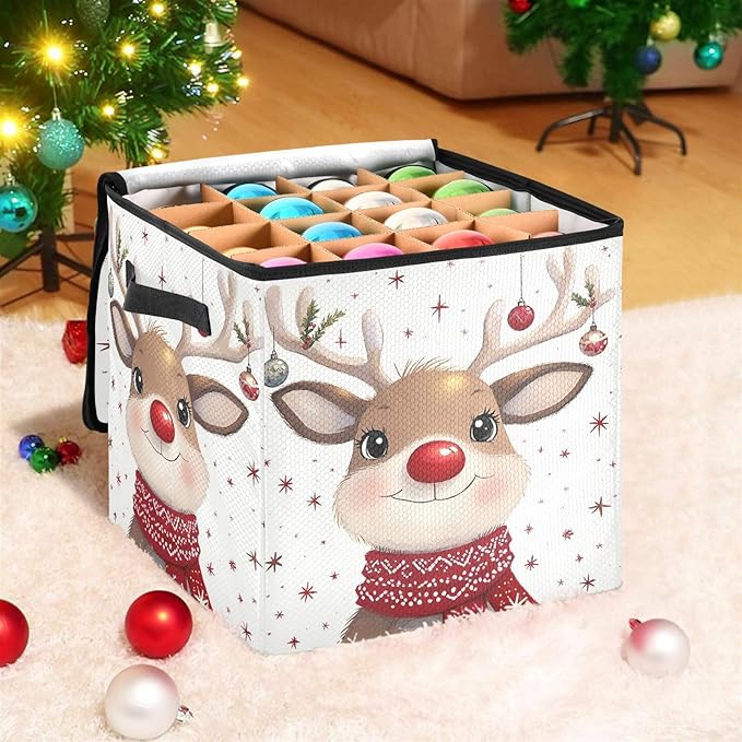 Red Green Buffalo Plaid Christmas Ornament Storage Basket Box Reindeer Snowflake Bells Holiday Storage Container Cube with Adjustable Dividers for 64 Holiday Ornaments or Decorations