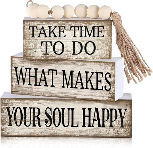 Yuntau 4 Pcs Farmhouse Tabletop Decoration Inspirational Farmhouse Tiered Tray Decor Rustic Retro Wood Bead Garland Take Time to Do What Makes Your Soul Happy Block Centerpiece Sign for Home Shelf