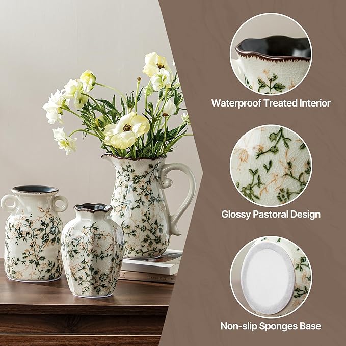 for Mom from Daughter or Son, Ceramic Vase Set of 3, Green Chinoiserie Floral Pitcher Vases, Vintage Farmhouse Decor for Mantel, Fireplace, Kitchen Counter, Living Room, Bookshelf