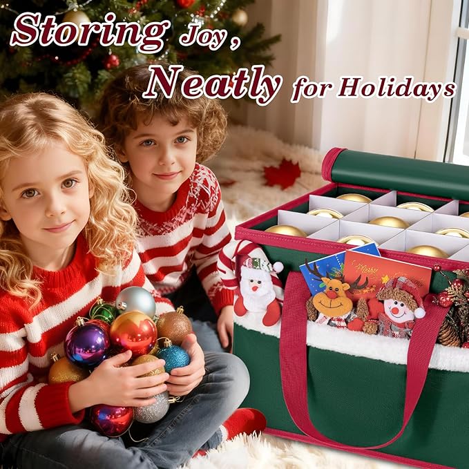 Christmas Ornament Storage Box with Adjustable Dividers Zippered Top Stores up to 36 Holiday Ornaments (4 Inch) Xmas Ball Decorations Organizer Storage Container Bin