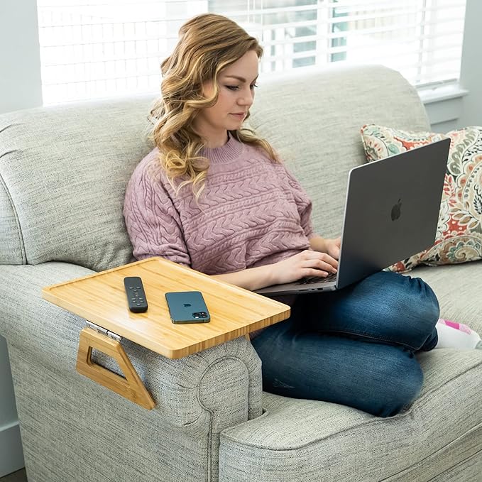 Shamrock Home Bamboo Trayble Couch Arm Table, Clip On Tray Sofa Table for Couches. Sofa Arm Tray for TV Dinners, Remotes, Drinks, Snacks and Small Spaces - 15.75 x 11inch, Beige