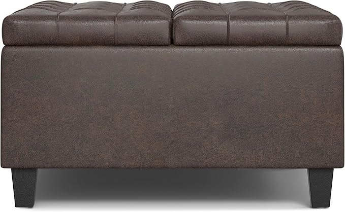 SIMPLIHOME Harrison Small Coffee Table Storage Ottoman - 30 inch Wide Upholstered Vegan Leather Square Lift-Top Ottoman in Distressed Brown, Transitional Ottoman for Living Room with Hidden Storage