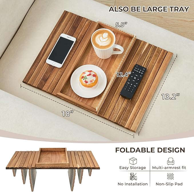 LOVYANXUE Acacia Wood Sofa Arm Tray, Foldable Couch Armrest Table with Anti-Slip Pad, Couch Arm Tray & Cup Holder for Drinks, Coffee, Snacks, Phone, Remote Control