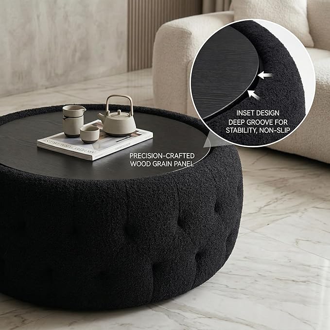 Large Round Storage Ottoman Coffee Table with Wooden Tabletop, 30.5 Inches Teddy Fleece Tufted Ottoman for Living Room, Bedroom, Apartments (Black)