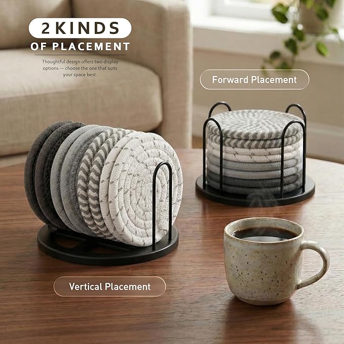 Lazebox Coasters Set of 8 for Drinks, Beer, Coffee, Cotton Woven 4 Colors Absorbent Coaster with Holder, Boho Coasters for Home Decor Tabletop Protection Suitable for Kinds of Cups