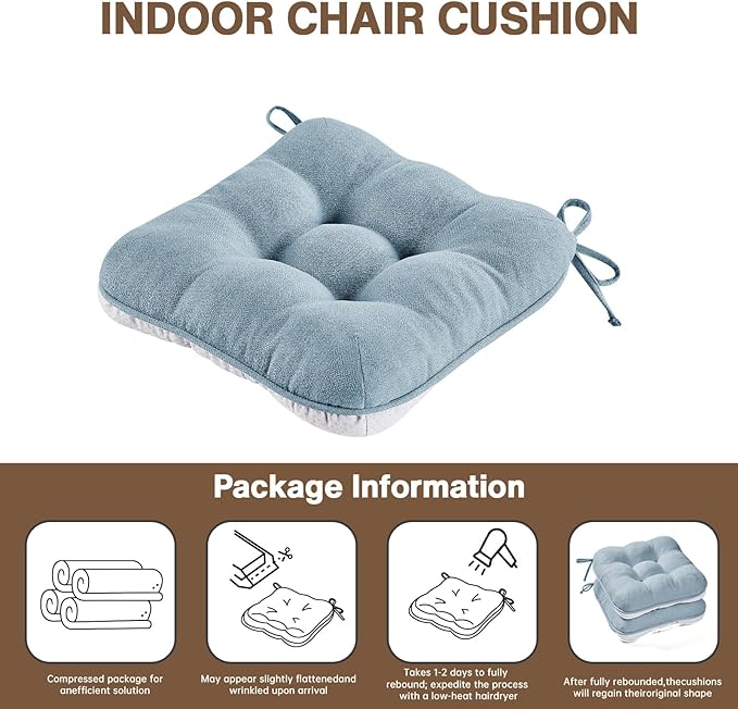 BETU Chair Cushions for Dining Chairs Set of 6,3.5" Thick Kitchen Table Chair Pads with Ties,Non Slip Backing and Covers, Seat Cushion for Dining Room,Bar,Patio Chairs,16"X16"X3.5",Smoky Blue