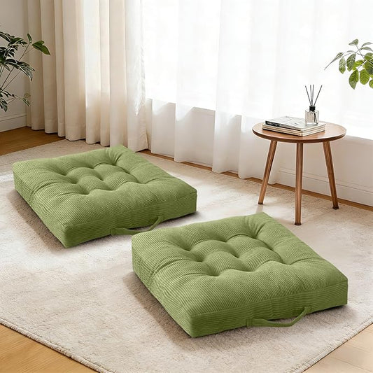 Floor Cushion Green Portable Chair Pads with Handle 2 Pack, 18x18 Inch Tufted Velvet Square Floor Cushions, Comfortable Seats for Kitchen Bar Stools & Patio