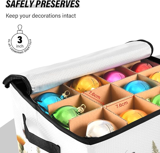Kigai Wild Flower Christmas Ornament Storage Box with Zipper & Adjustable Dividers Holiday Ornament Organizer Xmas Storage Container, 64 Balls