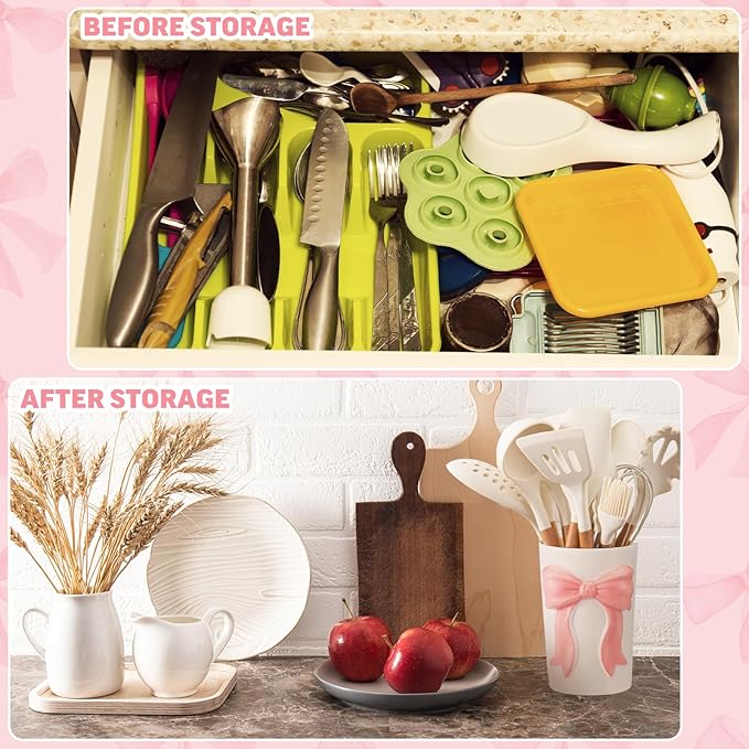 LemonRoad Pink Bow Ceramic Utensil Holder 3D Coquette Handmade Pink Kitchen Decor Mothers Day Kitchen Gifts Cooking Utensil Crock with Scalloped Preppy Caddy Pen Holder Vase for Countertop Spoon