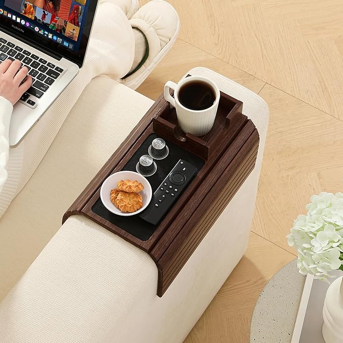 Bamboo Couch Cup Holder Arm Tray Table with Anti-Slip Cork Pad，Couch Drink Holder，Sofa Cup Holder Armrest Tray，Foldable Arm Chair Table Recliners for Drink, Cups, Eats，Snacks, Phone, Remote (Brown)