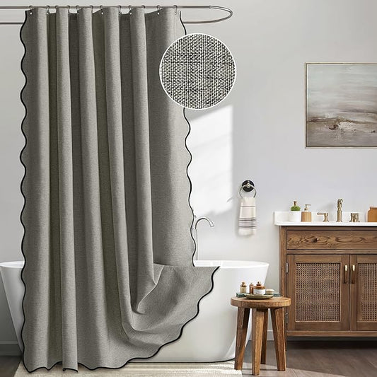 MIULEE Grey Scalloped Shower Curtain Linen Textured with 12 Metal Hooks Cute Heavy Duty Washable Waterproof Thick Cloth Shower Curtains with Black Border for Bathroom Hotel Bathtub,W72*L72