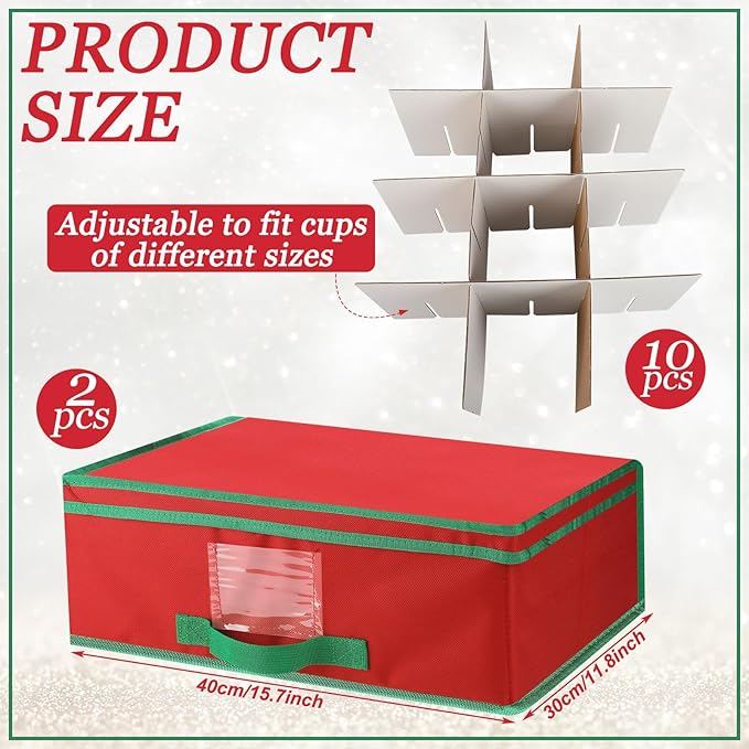 Chunful 2 Pcs Mug Storage Box with Adjustable Divider Christmas Holiday China Storage Organizer Holder for Coffee Mug Cup Christmas Container with Lid Handle Label Window for Moving Supplies, Hold 24