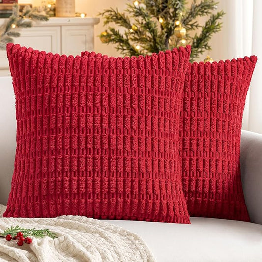 MIULEE Pack of 2 Red Corduroy Decorative Pillow Covers 16x16 Inch Soft Boho Striped Throw Pillow Covers Modern Farmhouse Home Decor for Sofa Living Room Couch Bed