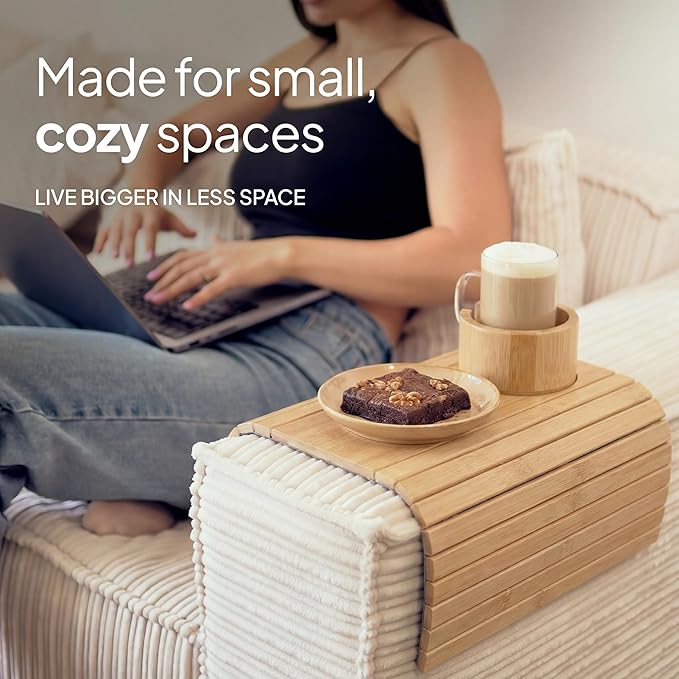 Bamboo Couch Arm Tray for Drinks and Snacks with Detachable Cup Holder and Anti Slip Base, Foldable Sofa Arm Tray for Convenient Couch Side Use