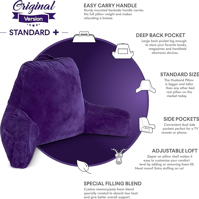 Husband Pillow Reading Pillow with Arms - Standard Backrest for Sitting Up in Bed - Firm Support Bed Rest Pillow for Adults, Neck Roll, Removable Cover -TV, Reading, Lounging - Purple