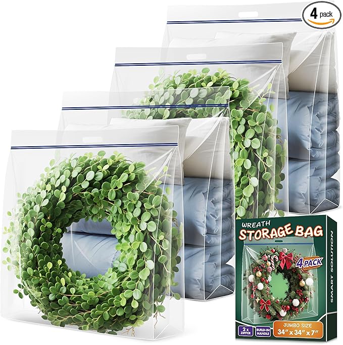 Extra Large Clear Wreath Storage Plastic Bag with Handle For Halloween Summer Christmas Decoration or Clothing Blanket Comforters Bed Sheets Pillows, 4 Pack, 34"x34"x7"