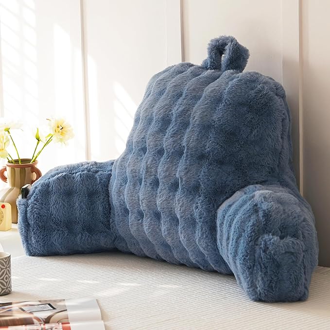 Yaoshuho Faux Fur Reading Pillow for Sitting in Bed, Large Backrest Bed Pillow with Arms, Back Support Pillow for Lounging Bedrest, Dusty Blue