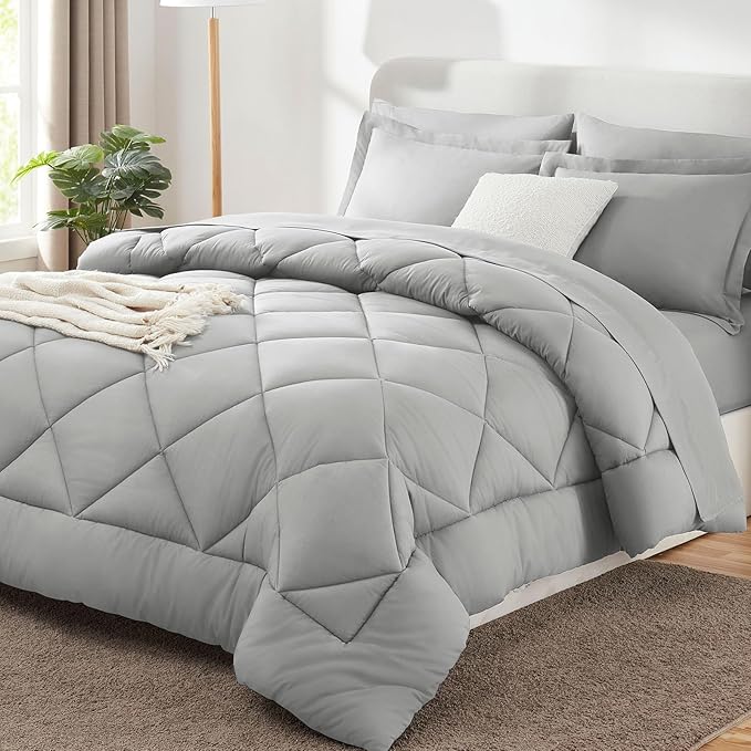 CozyLux Oversized King Comforter Set Light Grey, 7 Pieces Bed in a Bag Comforter Set with Sheets, All Season Bedding Set with Down Alternative Comforter, Sheets, Pillowcases & Shams
