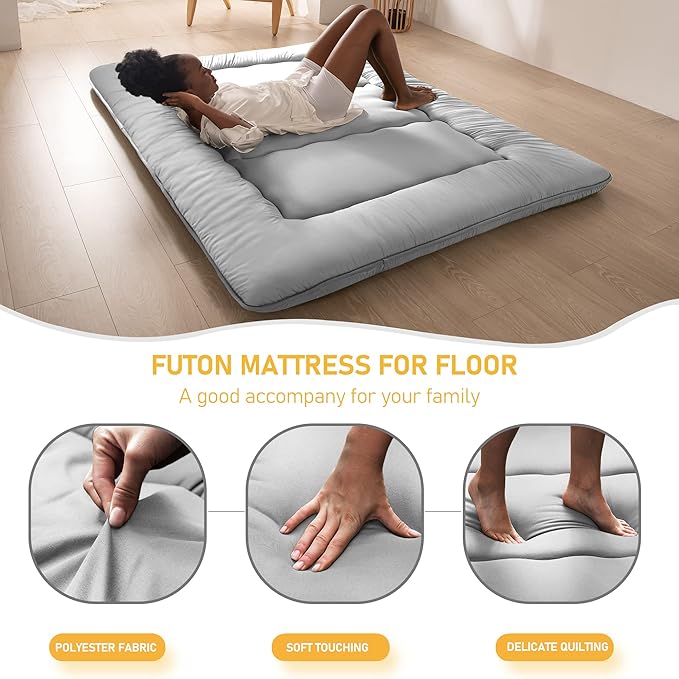MAXYOYO Japanese Floor Mattress Futon Mattress, Thicken Futon Roll Up Guest Mattress Thicken Sleeping Pad Foldable Tatami Mat Floor Lounger Cushion and Sofas, Grey, Queen