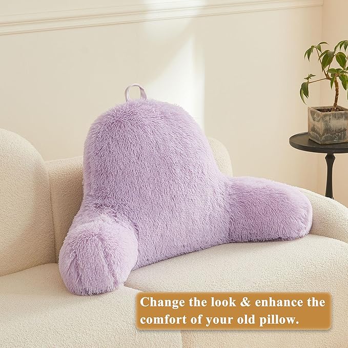XeGe Fluffy Back Support Pillow Cover for Bed (No Filler), Light Purple Faux Fur Backrest Pillowcase, Lilac Furry Reading Pillow with Arms for Adults Kids, Fuzzy Sit Up Study Pillow, Lavender