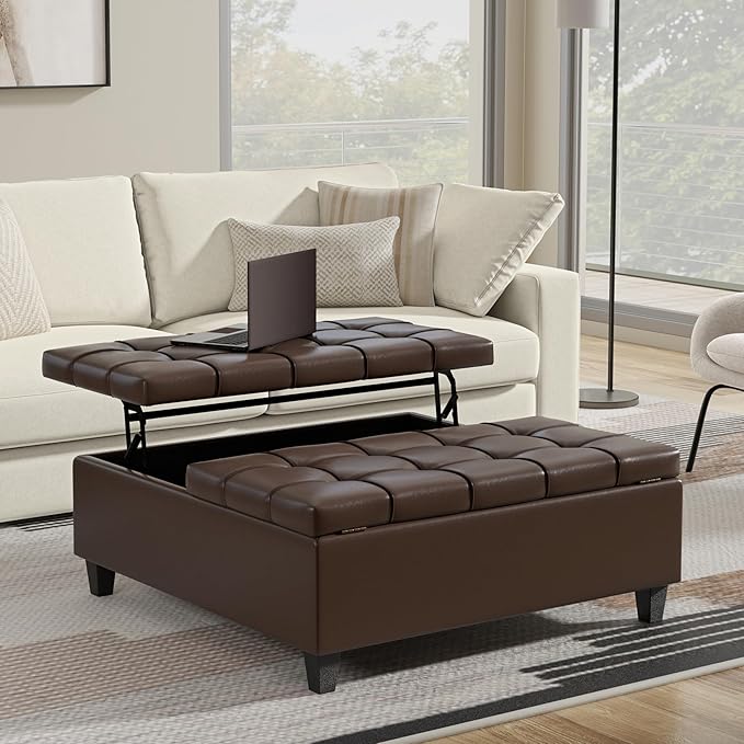 SIMPLIHOME Harrison Large Coffee Table Storage Ottoman - 40 inch Wide Upholstered Vegan Leather Square Lift-Top Ottoman in Chocolate Brown, Transitional Bench for Living Room with Sturdy Base