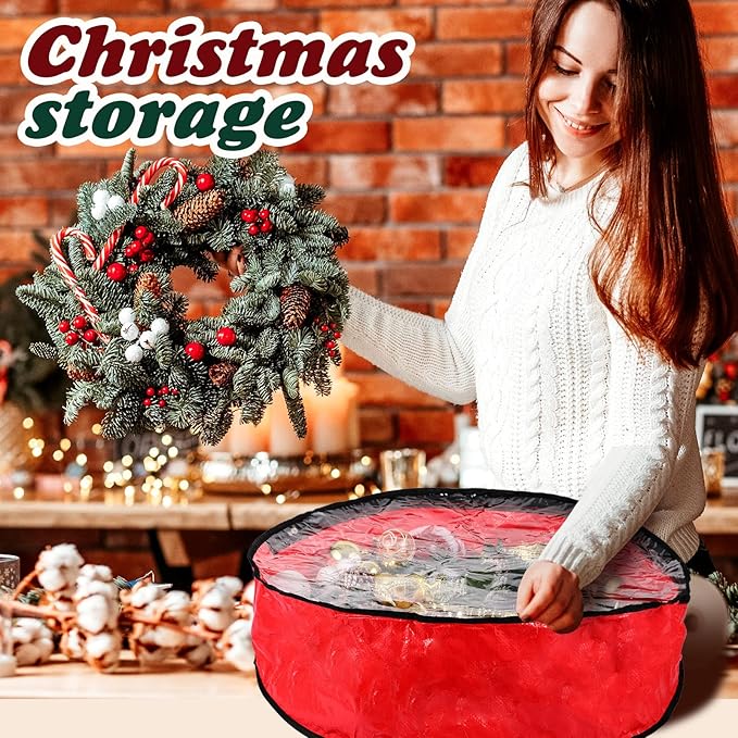 Dunzy 8 Pack Wreath Storage Container Bag 24x8 Inch Christmas Storage Container Heavy Duty Wreath Boxes with Clear Window for Xmas Holiday Ornament(Red)