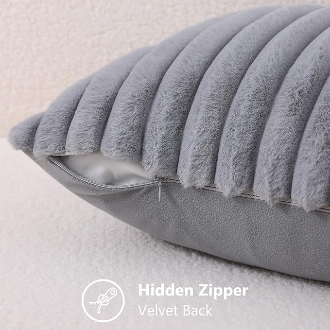 decorUhome Cozy Faux Fur Throw Pillow Covers 12x20 Set of 2 Decorative Soft Plush Striped Lumbar Modern Farmhouse Boho Couch Pillow Cases with Velvet Back for Sofa Bed Living Room, Grey