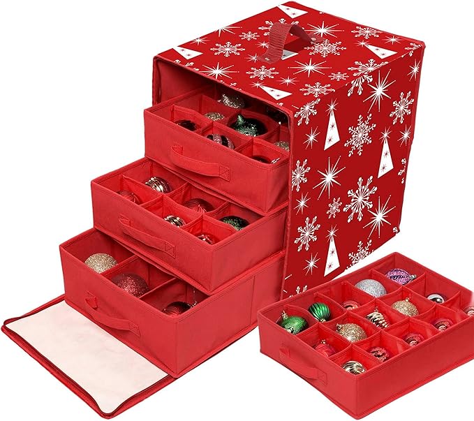 Jokari Holiday Ornament Storage Container and Closet Organizer. Safely and Securely Store Over 50 Ornaments. Decorative Toile Holder for Fragile Indoor or Outdoor Christmas-Tree Decorations (1)