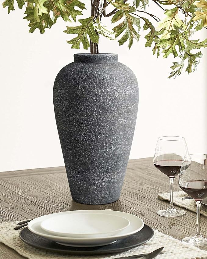 Large Ceramic Flower Vase 11 Inches, YBX Black Rustic Ceramic Vase, Decorative Farmhouse Tall Vase for Home Decor, Living Room, Bedroom, Centerpieces, Console, Wedding, Table Decorations, Black