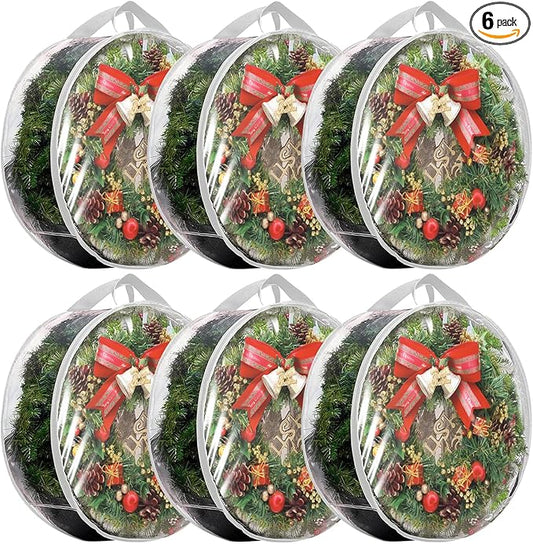 6 Pack Wreath Storage Container, 30" Wreath Storage Bag, Plastic Bag Storage Comforter Storage Bag with Sturdy Handles for Clothes, Bed Sheet, Pillow & Blanket, White