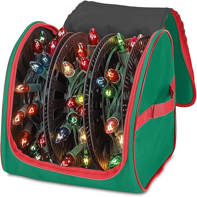 Premium Christmas Light Storage Bag – Heavy-Duty 600D Tear-Proof Material with Reinforced Handles – Includes 3 Reels, Stores up to 375 Ft of Mini Lights & Extension Cords – Green with PVC Lining