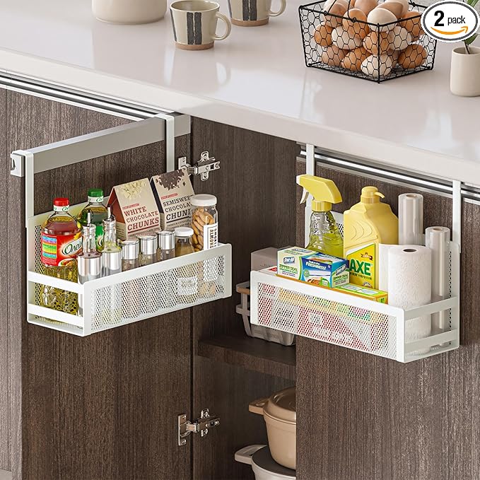 Hanging Kitchen Baskets Fine Mesh Wire Storage Basket Over Cabinet Door Organizer No Drilling Required for Kitchen Bathroom Office, Small, 2 Pack.