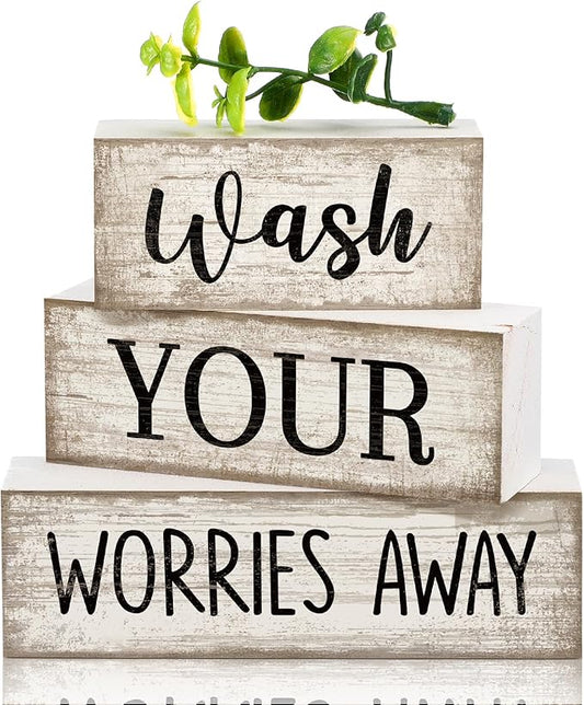 Moucuny 4 Pcs Bathroom Decor Wash Your Worries Away Sign Funny Bathroom Laundry Room Decor and Accessories Rustic Eucalyptus Leaves Block Signs Funny Toilet Washroom Table Centerpiece for Home Toilet
