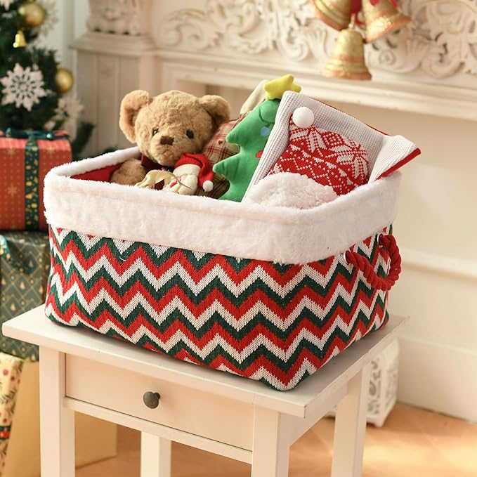 INough Christmas Ornament Storage Box Holiday Decoration Organizer, Knitted with Bulky Yarn Christmas Basket for Kids Gifts Baskets Empty with Handles Santa Sack with Drawstring (Large, Green Wave)
