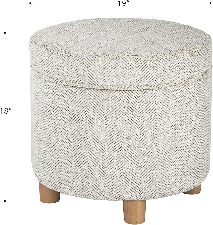 Homepop Home Decor | Upholstered Round Storage Ottoman | Ottoman with Storage for Living Room & Bedroom, Cream Chevron Woven