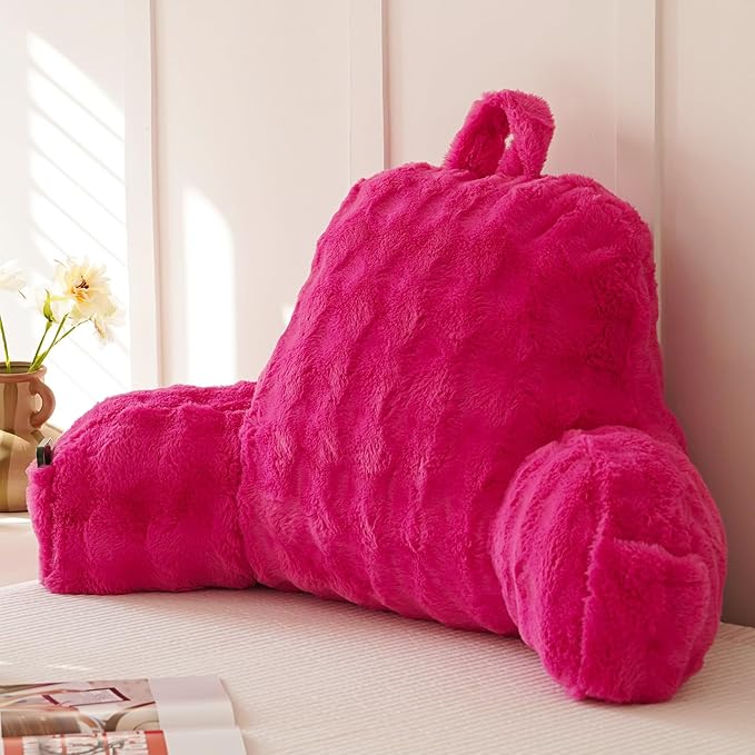Yaoshuho Faux Fur Reading Pillow for Sitting in Bed, Large Backrest Bed Pillow with Arms, Back Support Pillow for Lounging Bedrest, Hot Pink