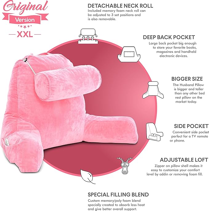 Husband Pillow XXL The Original for Adults - 30" Tall Backrest for Sitting Up in Bed - Firm Support Reading & Bed Rest Pillows for Adults, Neck Roll, Removable Cover - TV - Pink