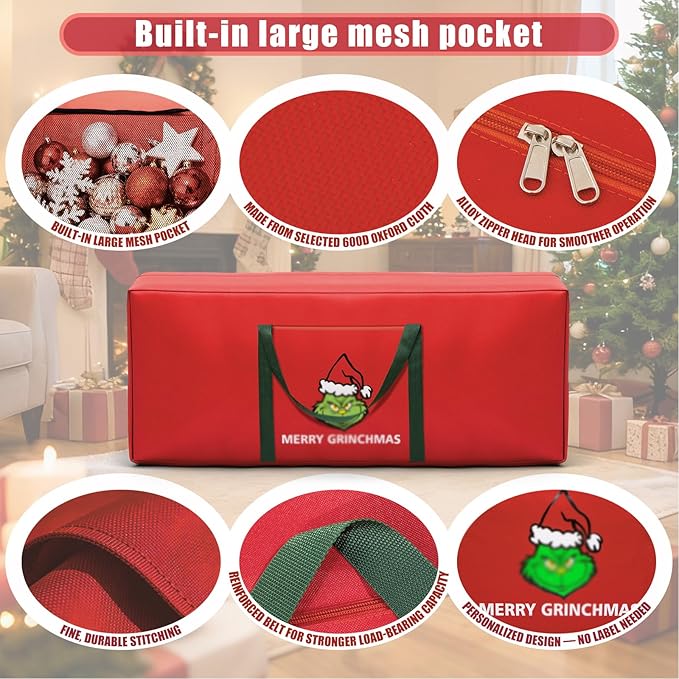 Christmas Tree Storage Bag 9ft Christmas Tree Zipper Bags 600D Oxford Fabric Extra Large Christmas Tree Decorations Storage Container with Reinforced Handles (48x20x15in, Red)
