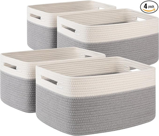 4 Pack Storage Baskets for Organizing, Woven Baskets for Shelves - Perfect for Toys, Books, Towels, and Clothes, Durable Gift Basket Bins Toy Storage, 15.7''Lx11.8''Wx7.8''H, Grey and White