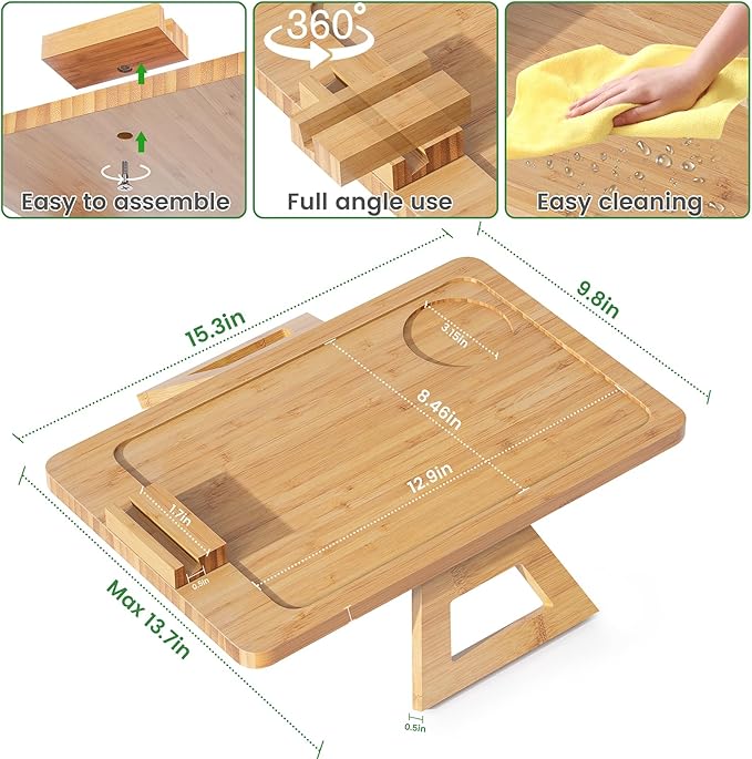 Youpehom Bamboo Sofa Tray,Couch Arm Table, Clip-On Armrest Tray Table for Wide Couch Foldable Tray with 360° Phone Holder Couch Arm Tray for Eating/Drinks/Snacks/Remote