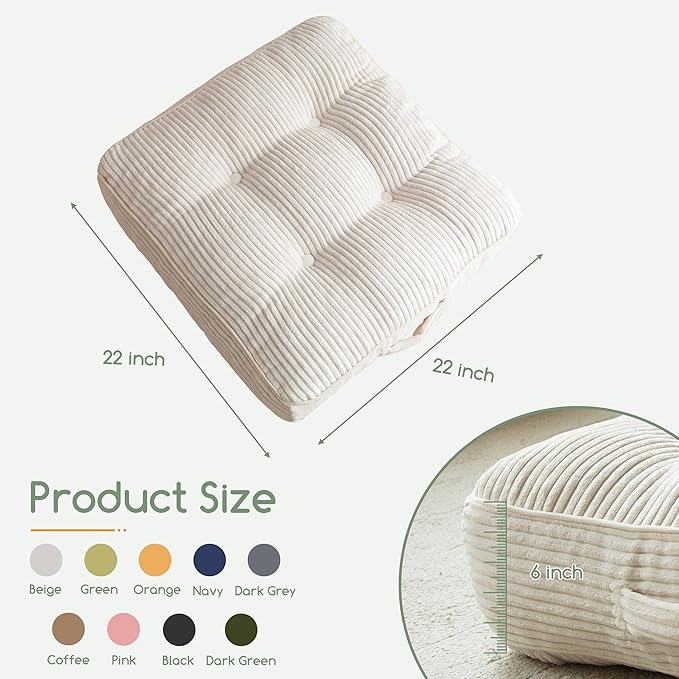 HIGOGOGO 6" Extra Thick Floor Pillow Cushion for Adults, Meditation Cushion Pillow, Large Square Floor Sitting, Tufted Corduroy Cover, for Tatami Living Room or Yoga, 22x22 Inch, 2Pack, Beige