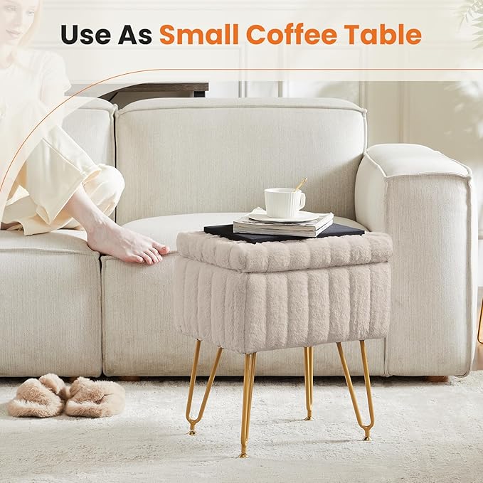 DUMOS Vanity Stool Chair, Ottoman with Storage, Makeup Cute Soft Small Footstool, Modern Style Faux Fur Seat with 4 Metal Legs & Adjustable Feet for Dressing, Living Room Bedroom Dorm, Camel