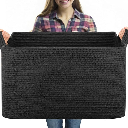 OIASKET 95L Extra Large Blanket Basket, 24" x 16.9" x 14.2" Woven Storage Basket for Living Room, Rectangle Nursery Blanket Storage for Toys, Towels, Dirty Clothes (Black)