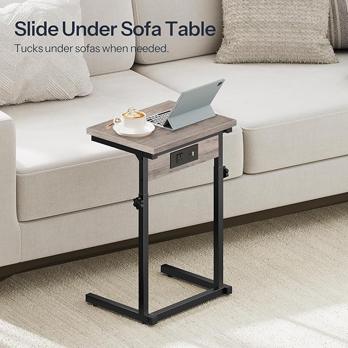 HOOBRO C-Shaped End Table with Charging Station, Adjustable Height Sofa Tray Side Table, Slide Under Couch Arm Table, Small C Side Table for Small Space in Living Room, Bedroom, Greige BG71USF01