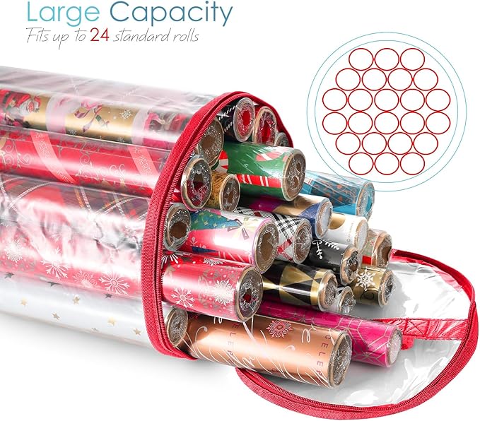 Hearth & Harbor Wrapping Paper Storage Container - Clear Wrapping Paper Holder Fits Up To 14 Rolls of 40" - Tear Proof Gift Wrap Organizer - Premium Bag for Easy Carrying, Red