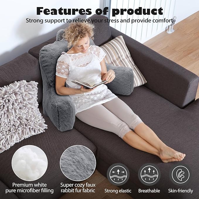 Reading Pillow, Back Support Pillow for Bed Sitting Up, Large Bed Rest Pillow with Arms for Adults,Back Support Pillow for Couch and Chair, Grey