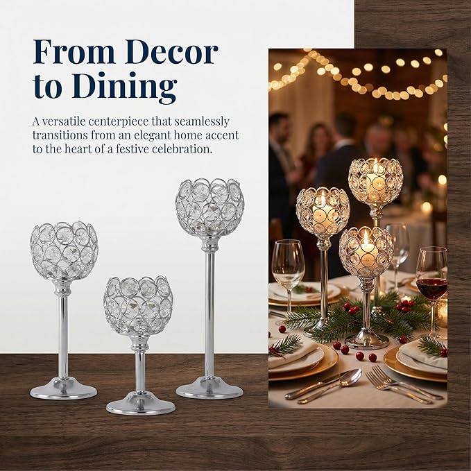 Crystal Candle Holders 2 Set of 6 - Sliver Vintage Hollow Ball Candle Stand for Table Centerpiece, Crystal Metal Tealight Candlestick for Wedding, Dining Room Decor