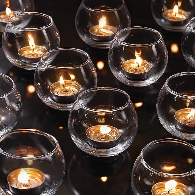 LAMORGIFT 12 Pcs Tealight Candle Holder- Round Clear Candle Centerpieces for Tables, Wedding Shower, Bridal Shower Table Decorations