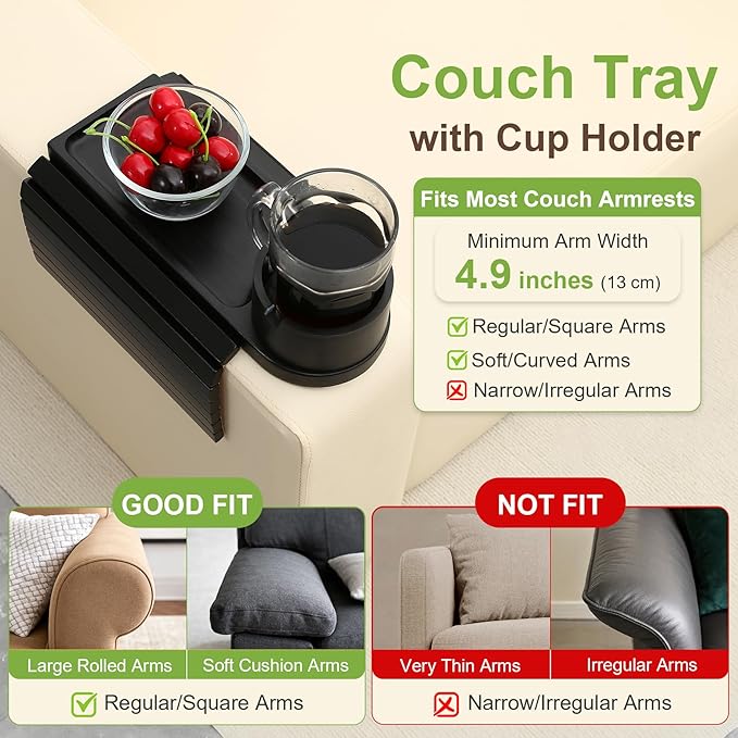 Couch Cup Holder,Bamboo Couch Arm Tray with 360° Rotating Cup Holder,Foldable Anti-Slip Sofa Arm Chair Tray for Eating Snack Drink Side Table
