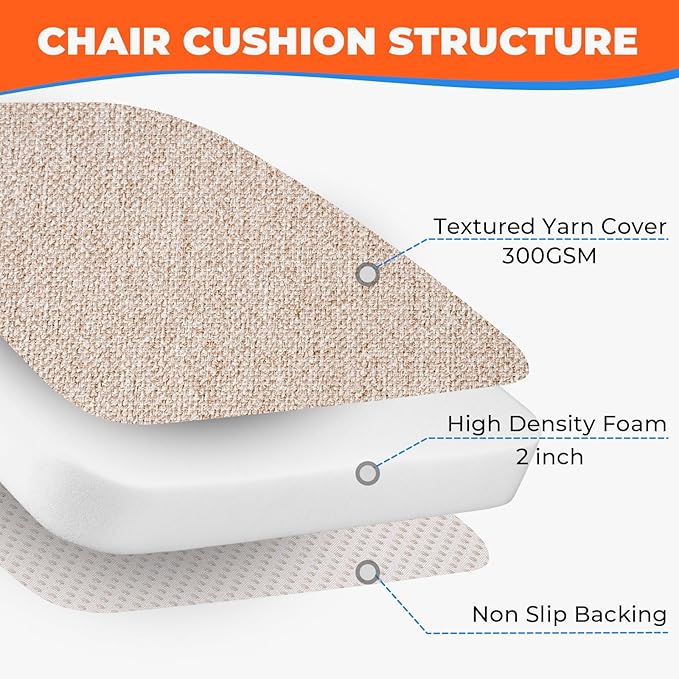 Sunsleek Chair Cushions for Dining Chairs, D-Shaped Seat Cushions with Removable Washable Cover and Ties, Chair Pads for Kitchen, Indoor Dining Room, Patio Chairs, 17'' x 16'', Set of 2, Khaki